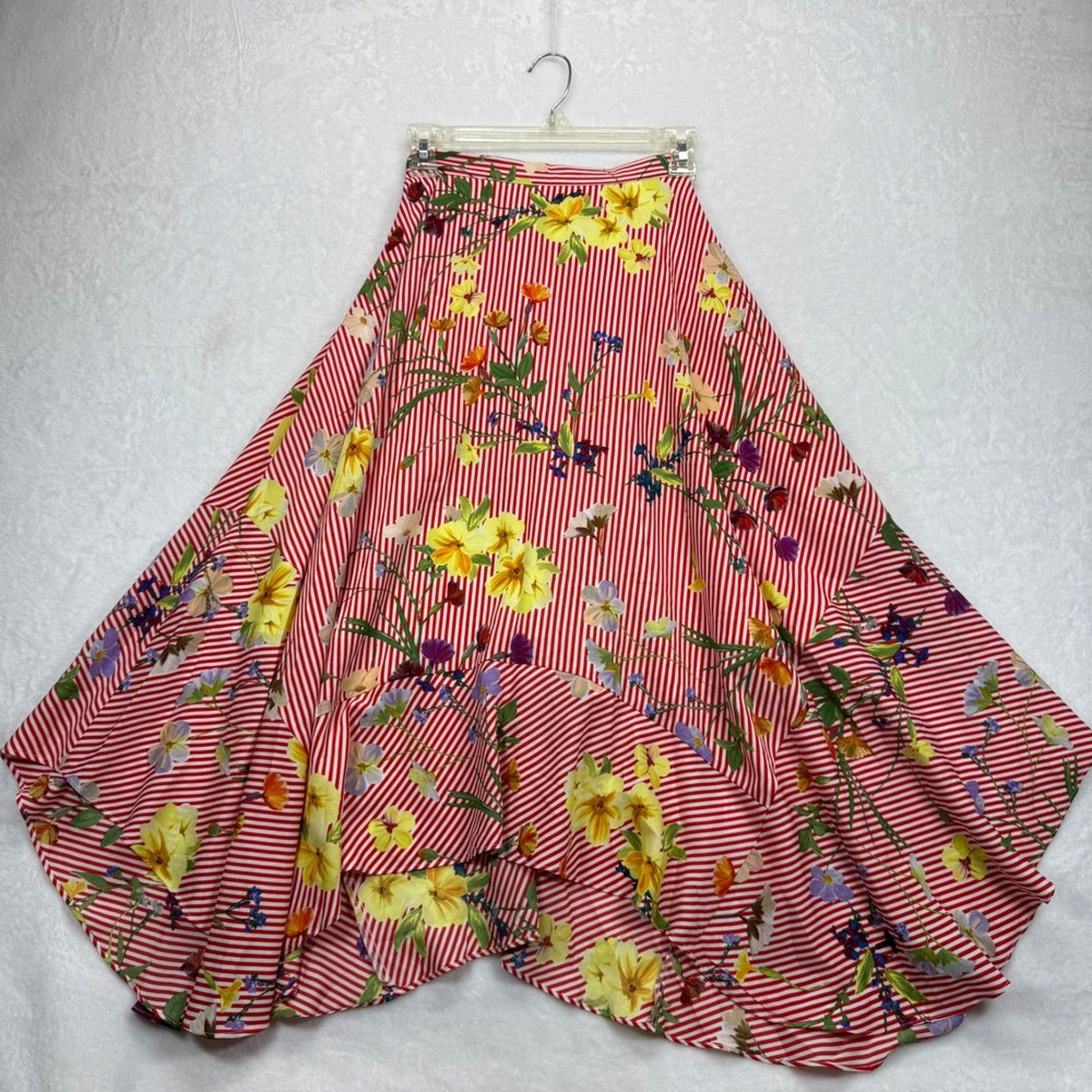 Calvin Klein Floral Stripe Handkerchief Hem Skirt Flowy Red Yellow S‎